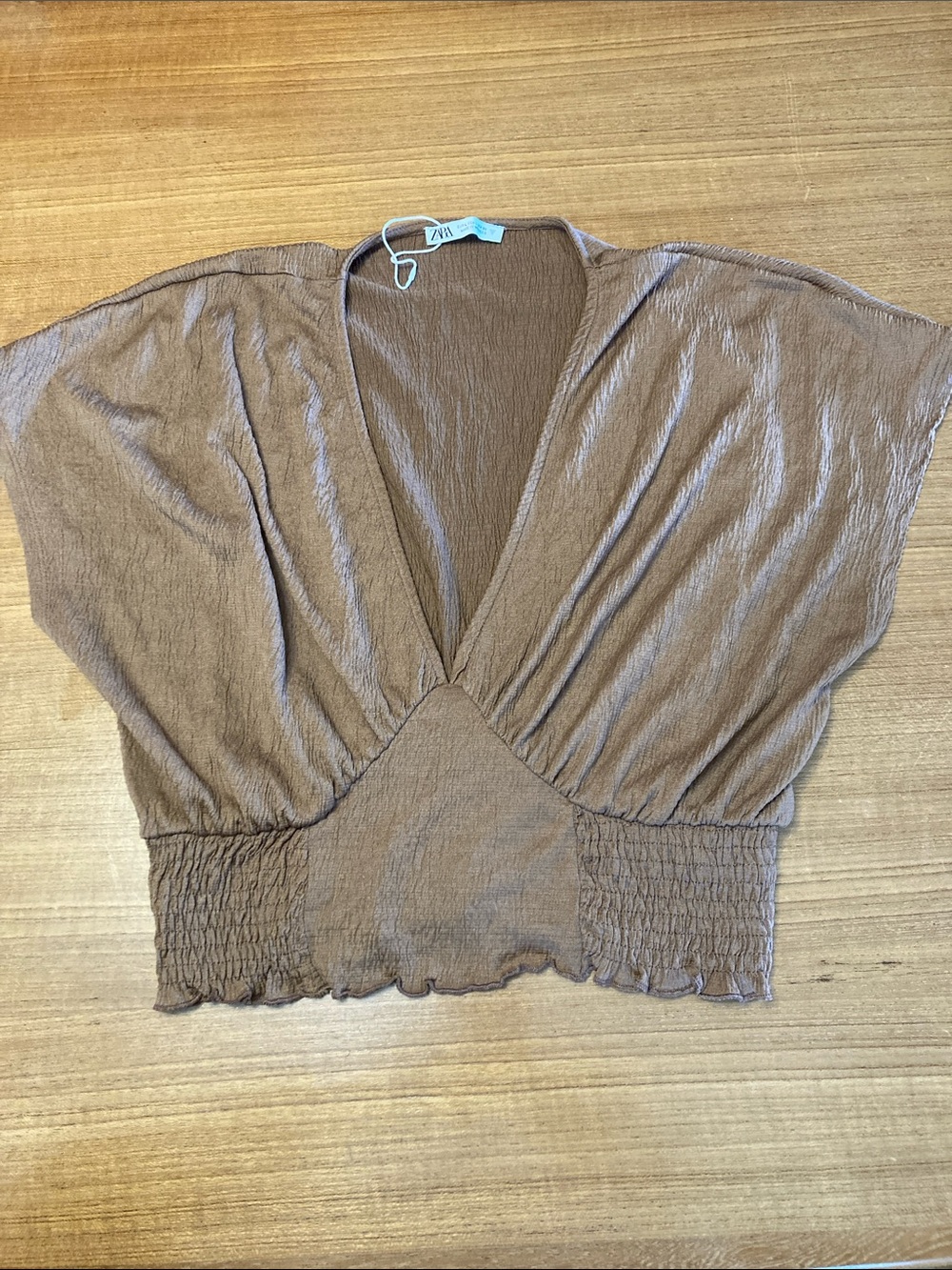 Zara Brown Cropped V-Neck Smocked-Waist Top-never worn